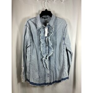 Collection by Cezele Womens‎ Light Wash Ruffle Pintuck Denim Shirt L NEW